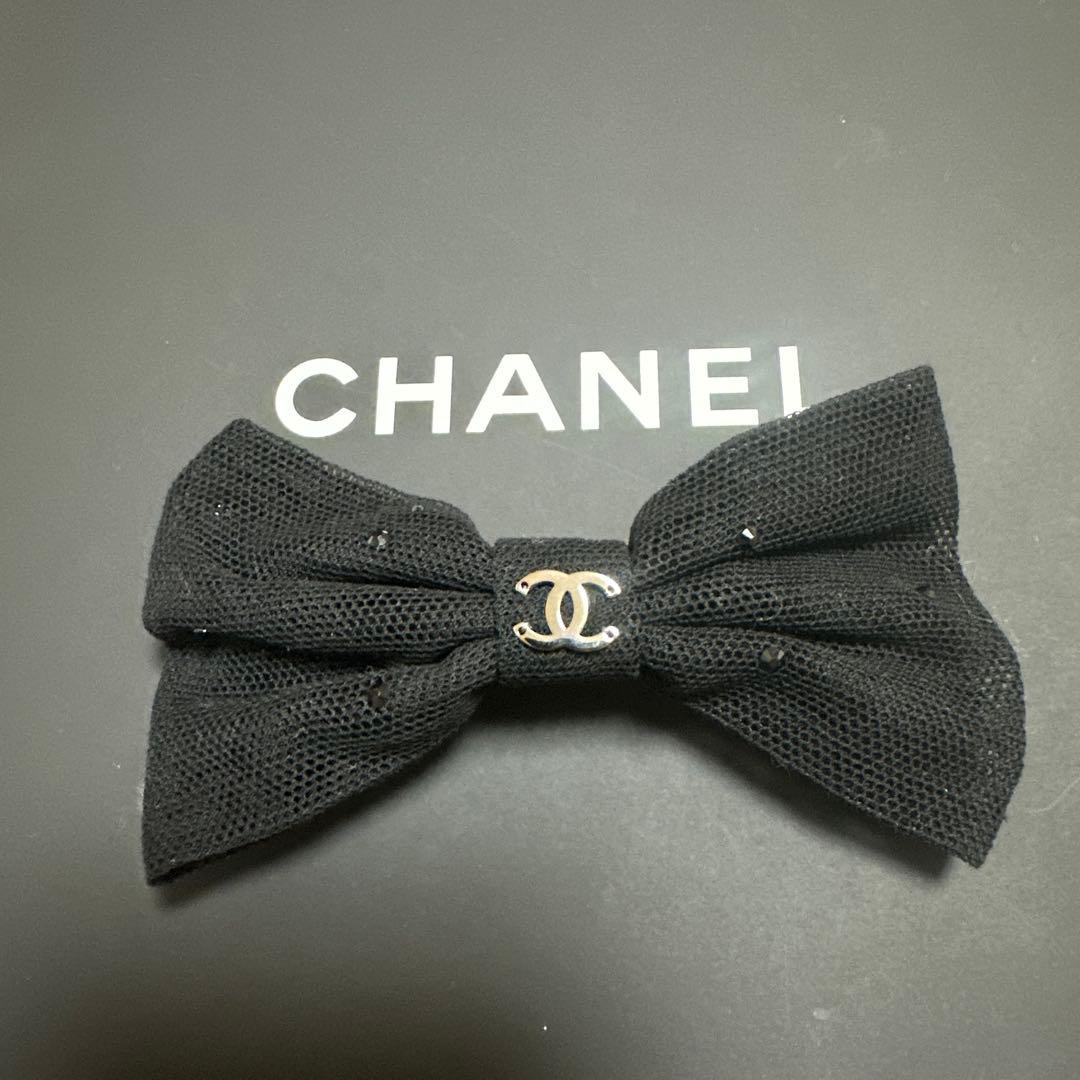 CHANEL ブラックメッシュリボンヘアクリップ