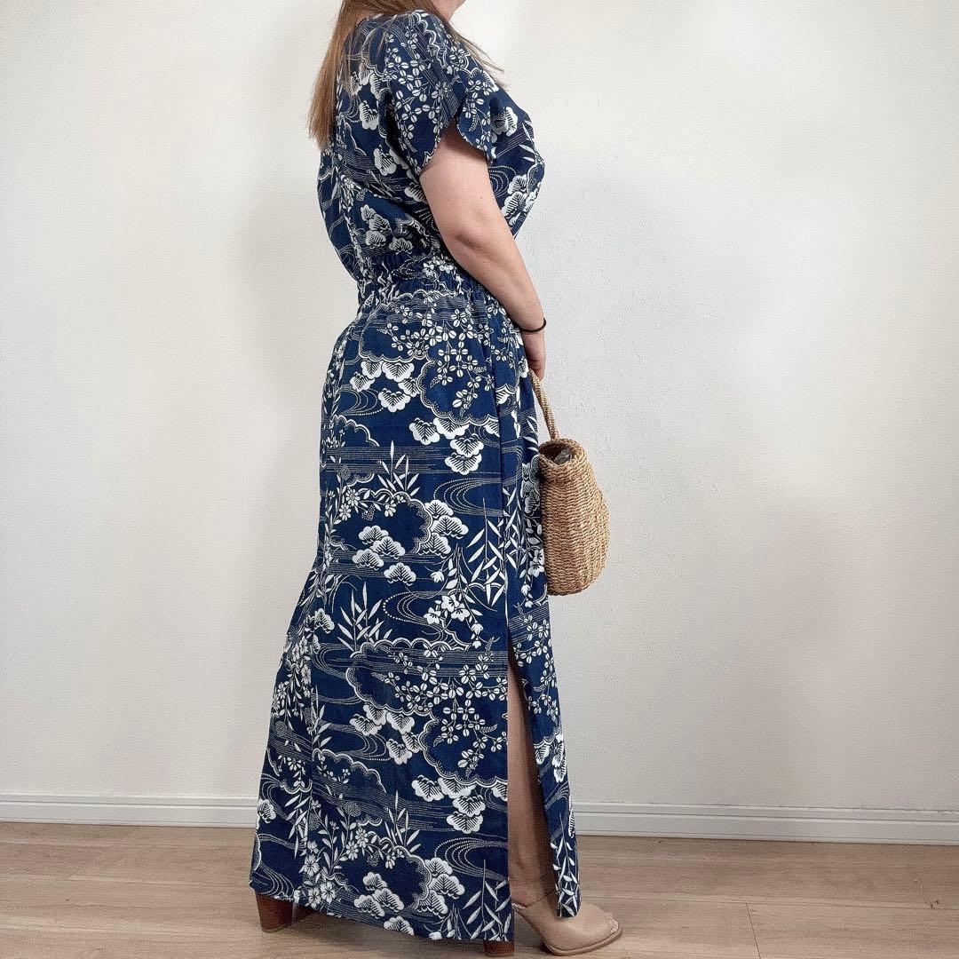 竺仙　浴衣　リメイク　綿縮　ワンピース ハンドメイド　ロング　マキシ　着物　紺