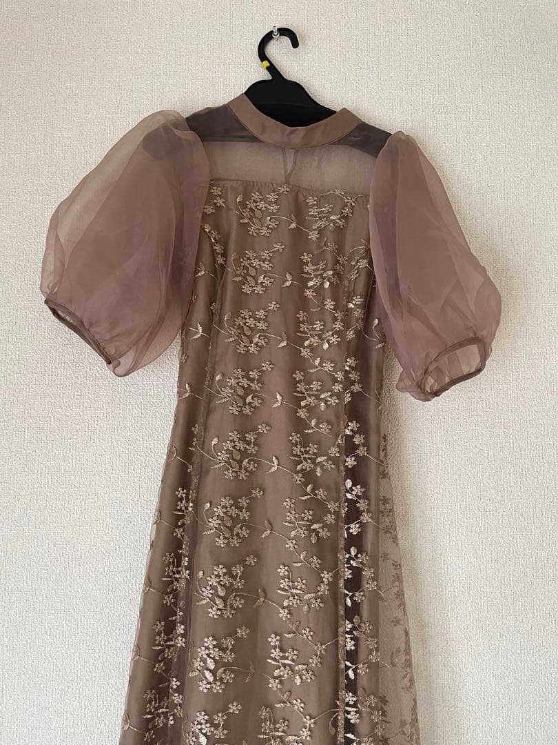 オーガンジーパフスリーブ刺繍レースドレス結婚式同窓会お呼ばれワンピース