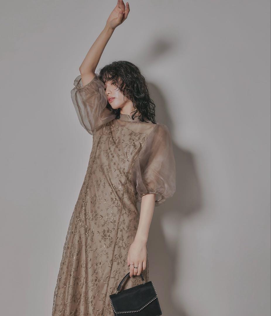 オーガンジーパフスリーブ刺繍レースドレス結婚式同窓会お呼ばれワンピース