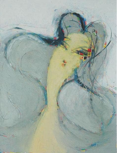 油絵 菅家令子 絵 絵画インテリア額付(青緑＋金色の枠) F6-081212女性