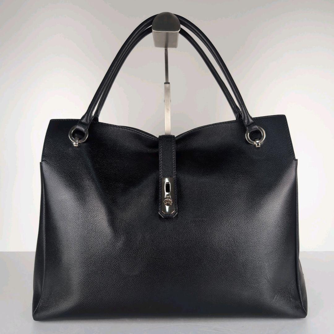 HAMANO ハマノ トートバッグ 黒×金具シルバー レザー A4収納可