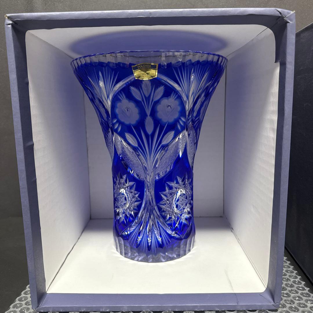 【ポーランド製 POLONIA クリスタル花瓶】色被せ切子 高さ24cm 美品