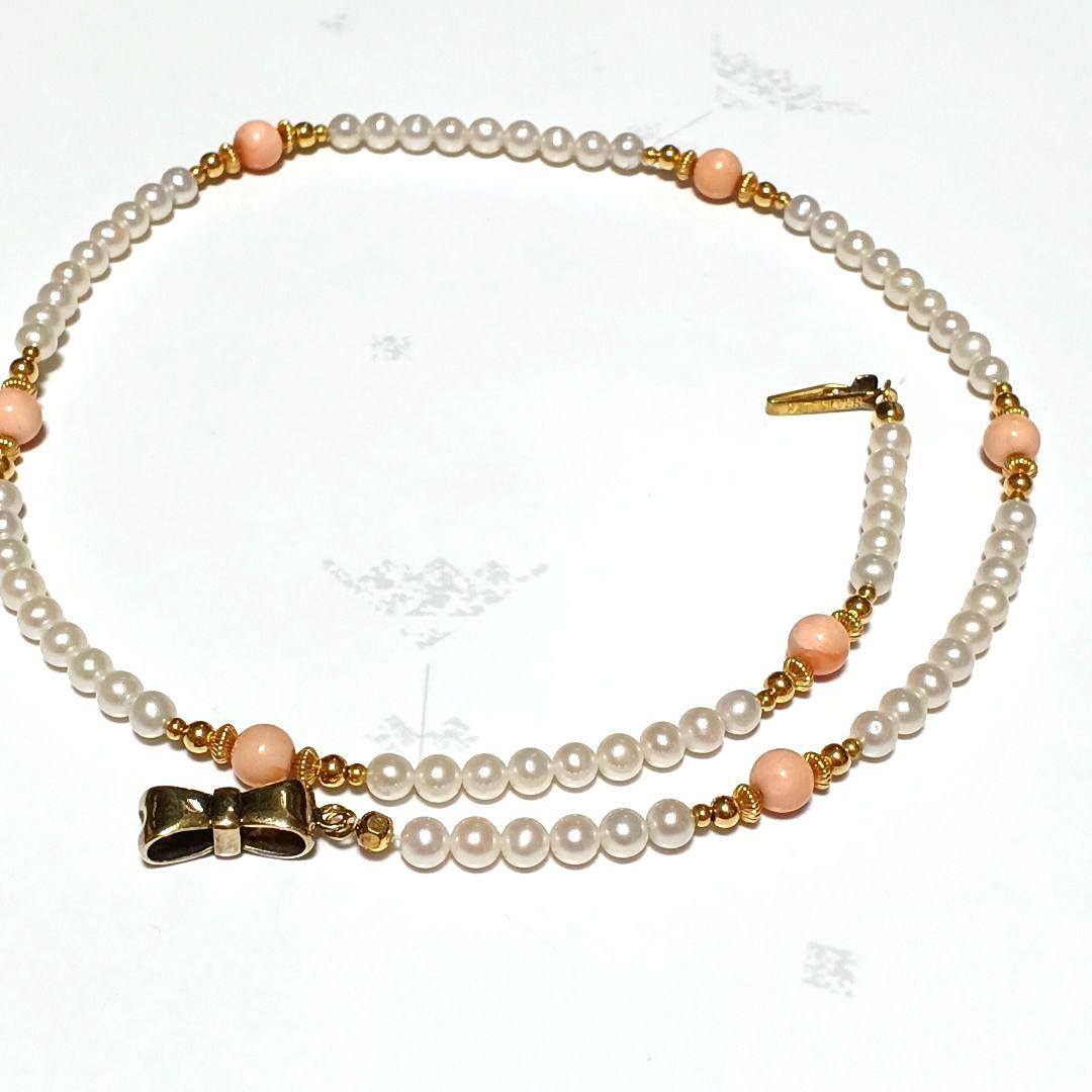 値下げ不可　あこや真珠　ベビーパール　珊瑚　リボン　ネックレス　シルバー