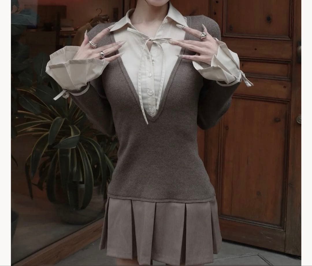 新品未使用　シャツドッキングプリーツミニワンピース　GRY