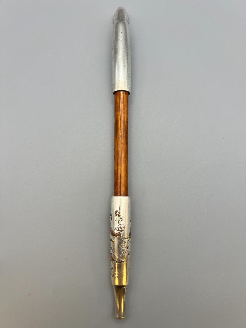 eee”即購入ok 銀煙管　武士梅図　金赤銅象嵌　キセル　銀細工　アンティ