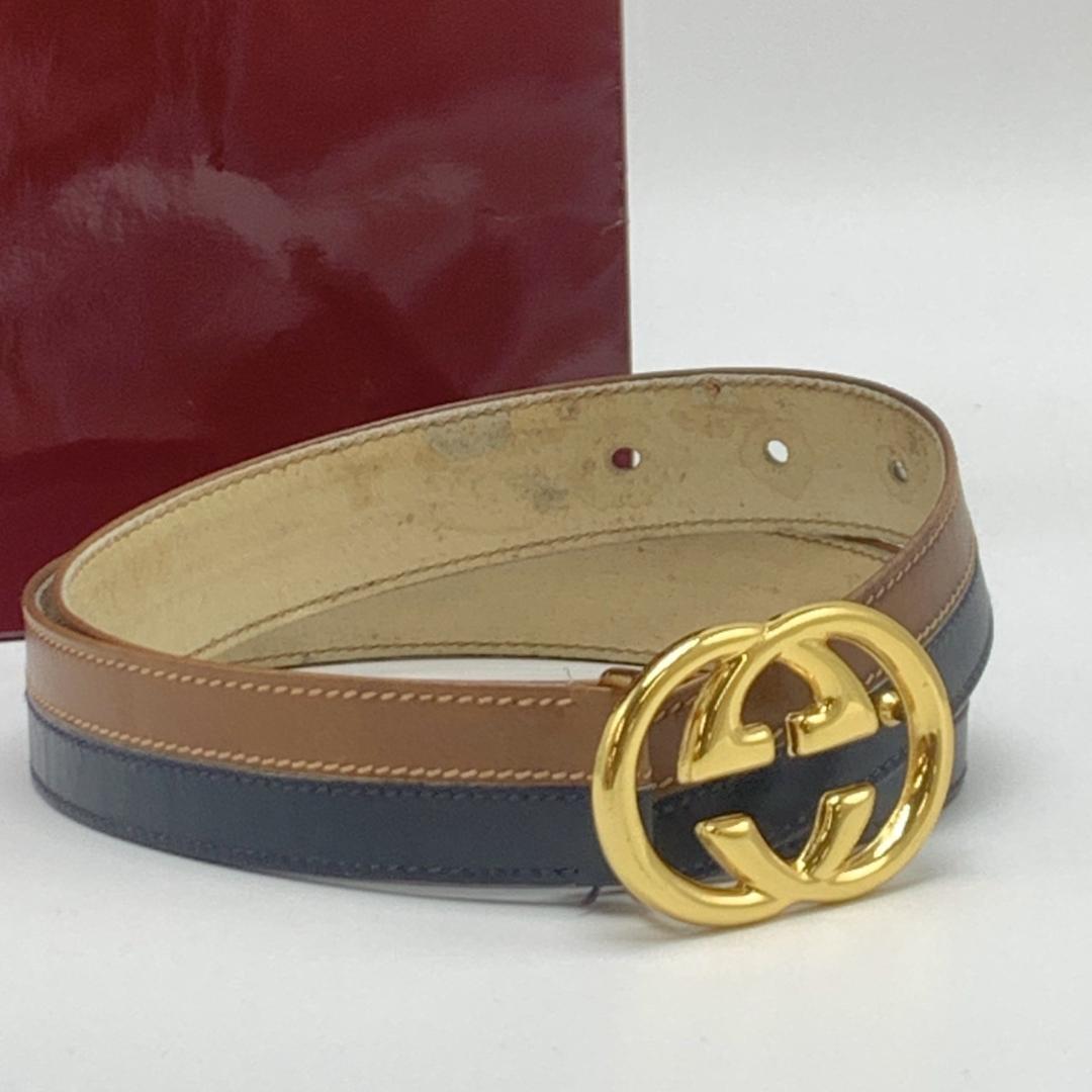 グッチ ベルト 本革 レザー バックル ゴールド金具 インターロッキングG
