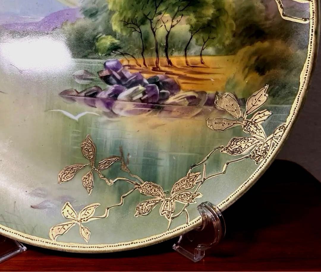 オールドノリタケ　飾り皿 金盛り　風景　メープルリーフ印　里帰り　骨董　明治