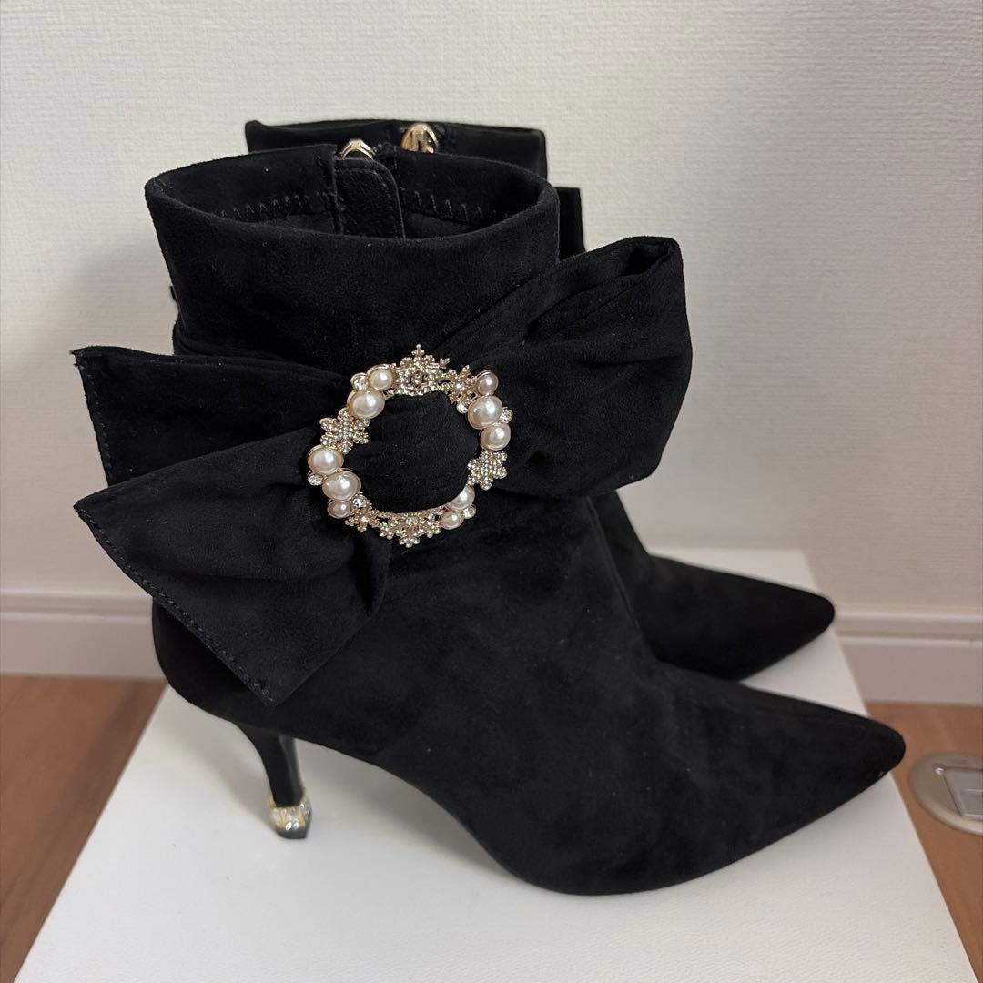 ブーツ 2WAY ビジュー×リボン ショートブーツ レディース