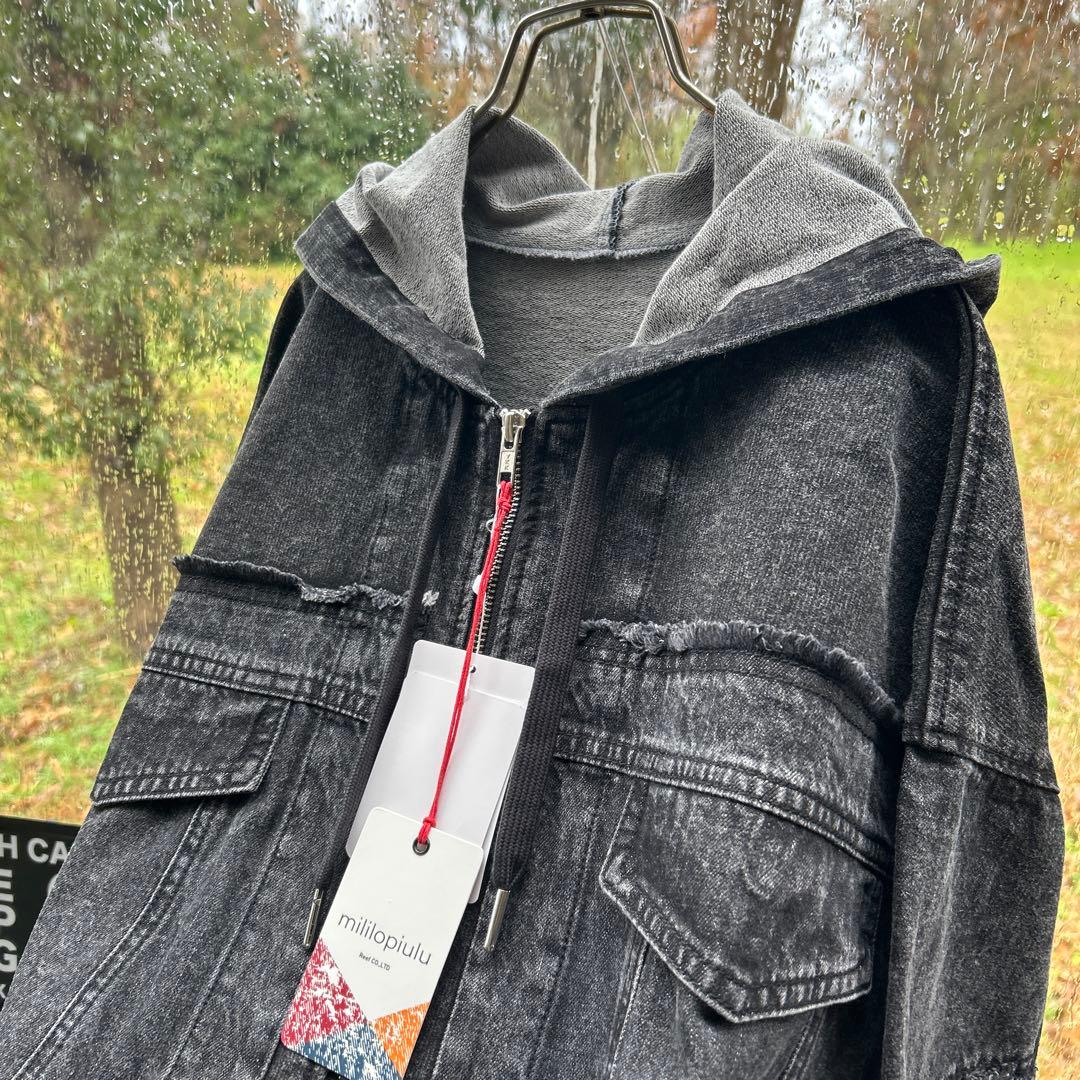 ケミカルデニム裏毛フーディーパーカー GLAY