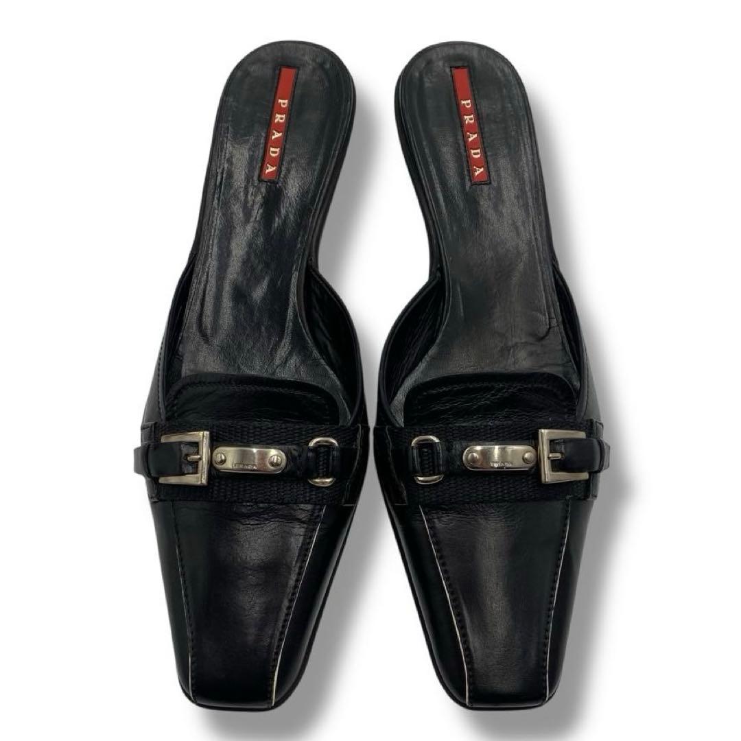 美品 PRADA ロゴ バックル レザー アーカイブ サンダル ミュール 36