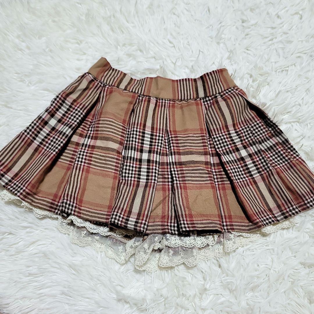 00s 希少 LIZLISA 起毛チェック柄 裾フリル プリーツスカパン 姫カジ