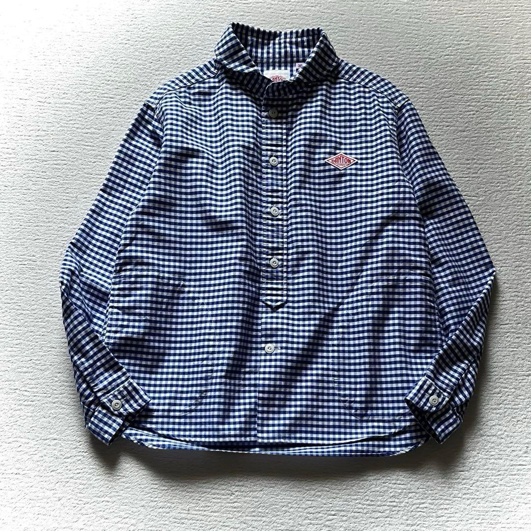 美品 DANTON ギンガムチェック 丸襟 ラウンドカラー シャツ M ブルー