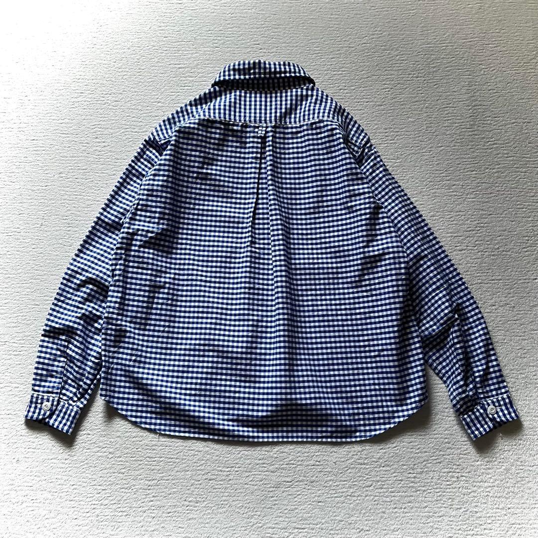 美品 DANTON ギンガムチェック 丸襟 ラウンドカラー シャツ M ブルー