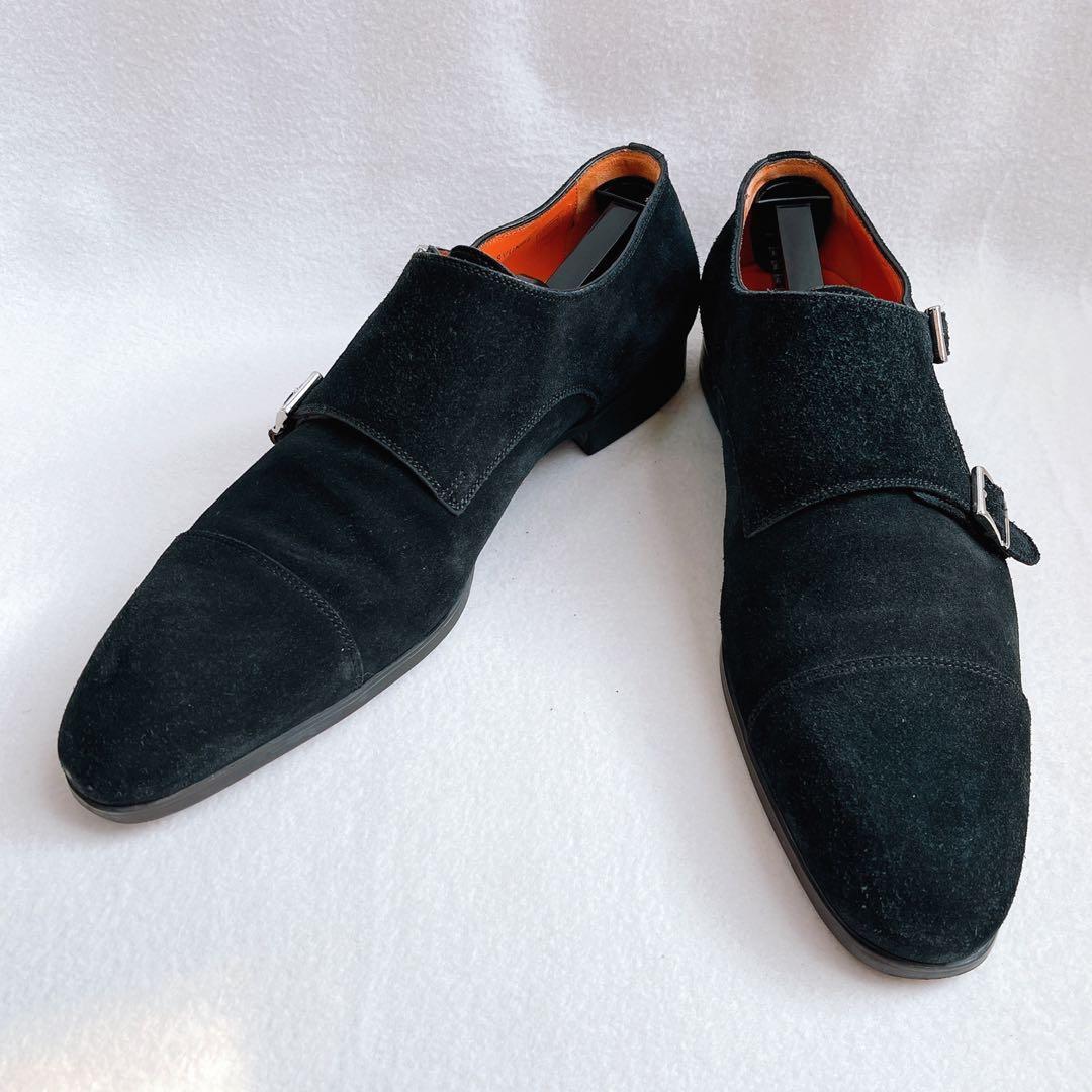 美品 サントーニ ダブルモンクストラップ スエード ビジネス ドレスシューズ 黒