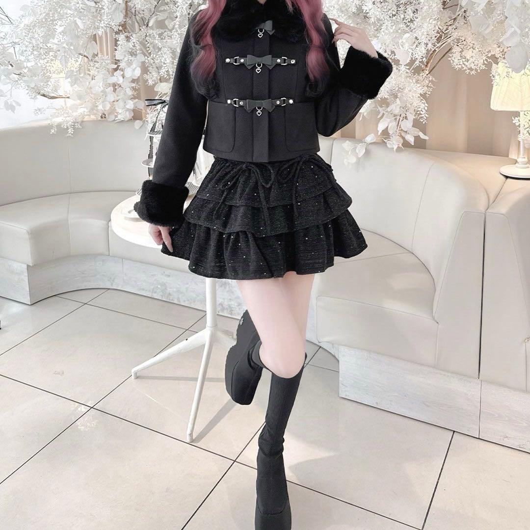 完売品 ハニーミュウ ベルトリボンショートコート ブラック