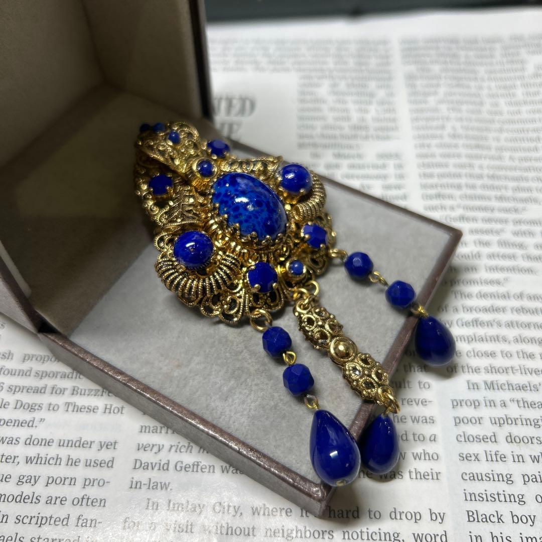 W.GERMANY西ドイツ製ヴィンテージブローチ 大きなぶら下がり ブルー