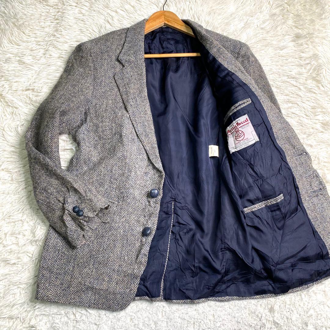 良品✨ハリスツイード テーラード くるみボタン ヘリンボーン L グレー