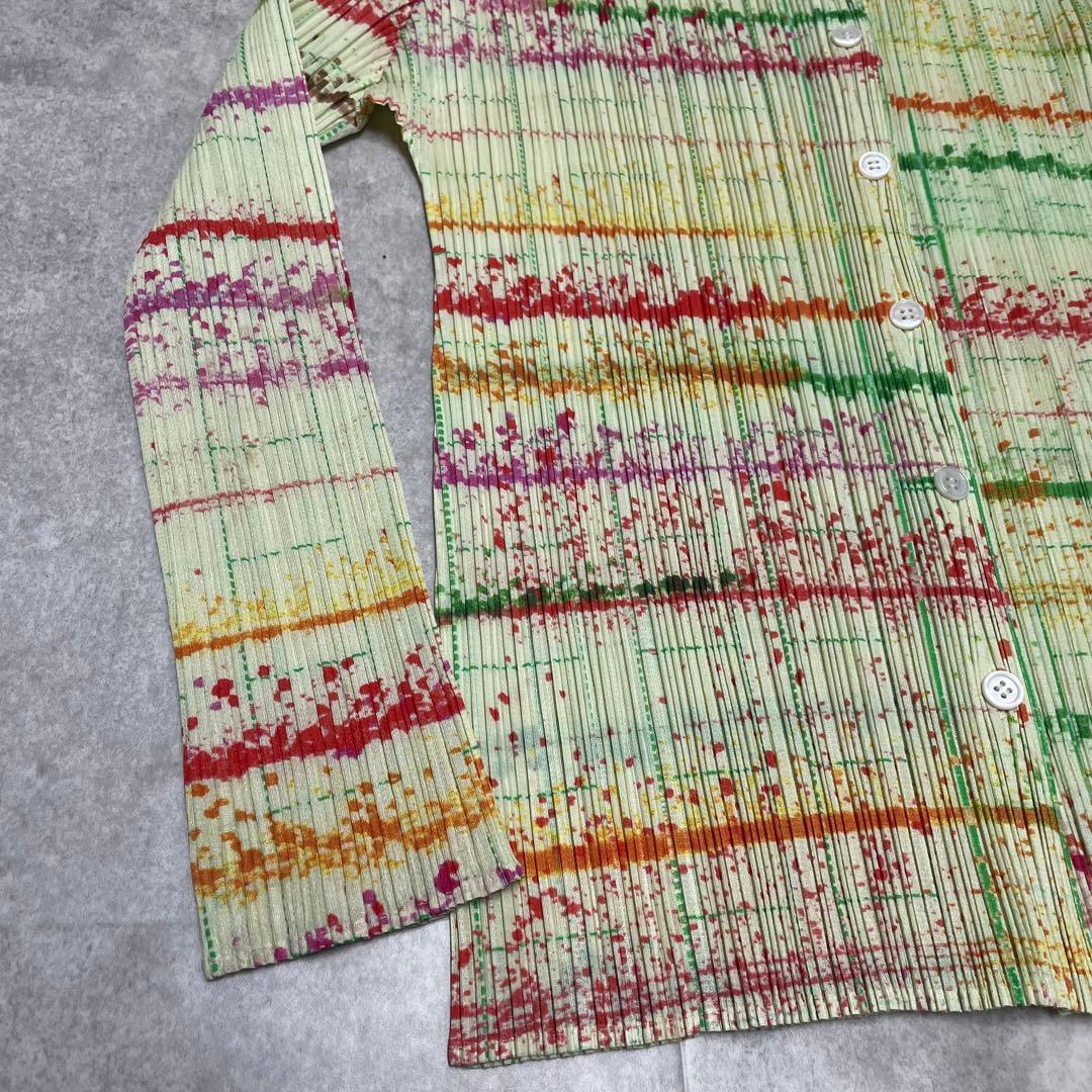 【美品】プリーツプリーズ　総柄　長袖シャツ　ペイント風　3