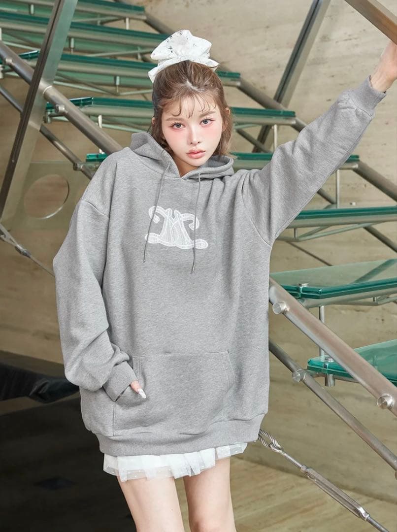 Darich レースアップリケロゴフーディ　GRY