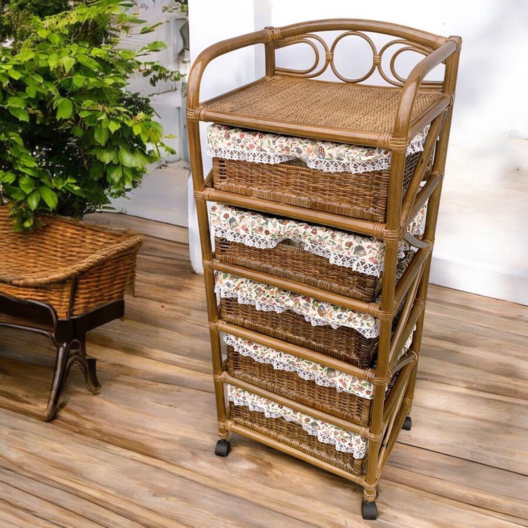 【送料込】ラタン 籐 ヴィンテージ収納 5段チェスト キャスター付 アンティーク