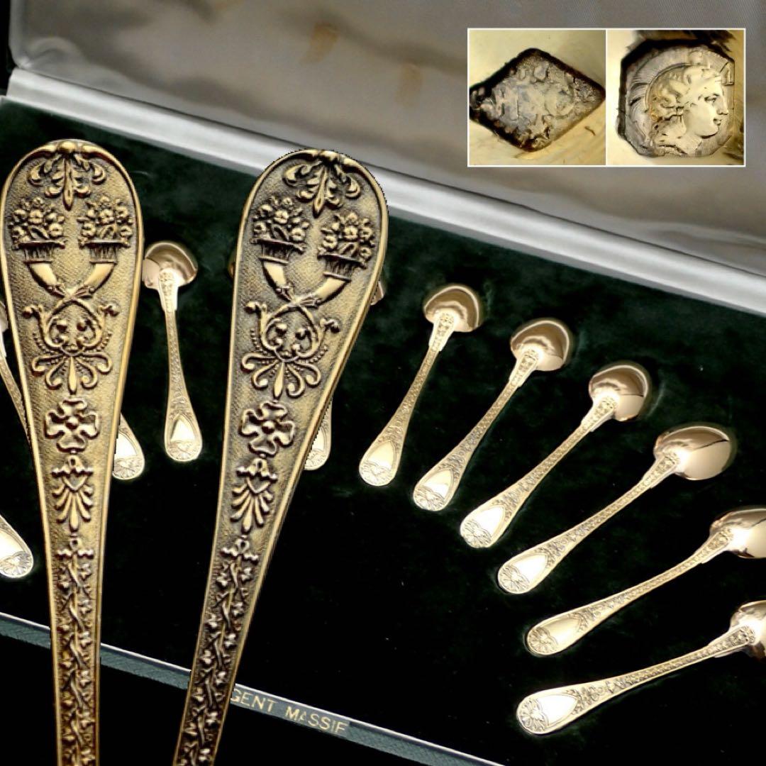 フランスアンティーク ODIOT 純銀無垢&ベルメイユ スプーン12本セット