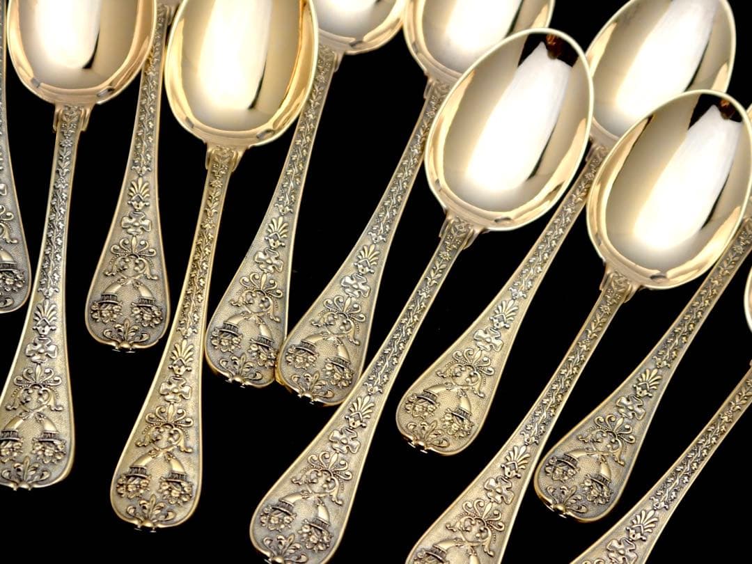 フランスアンティーク ODIOT 純銀無垢&ベルメイユ スプーン12本セット