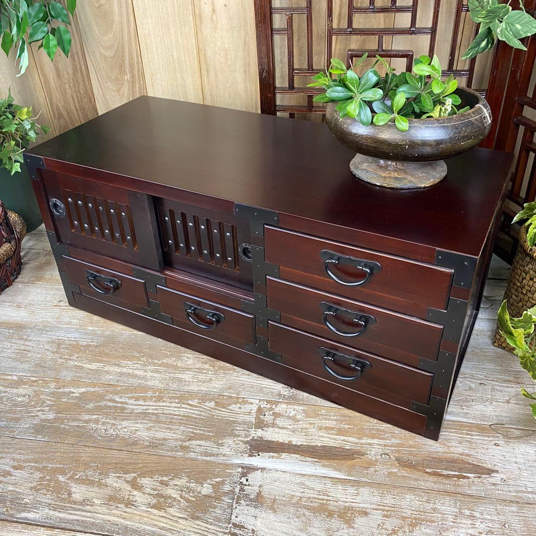 訳あり品！【139】民芸家具桐材天然無垢和引き戸付きチェスト横長テレビ台飾り棚