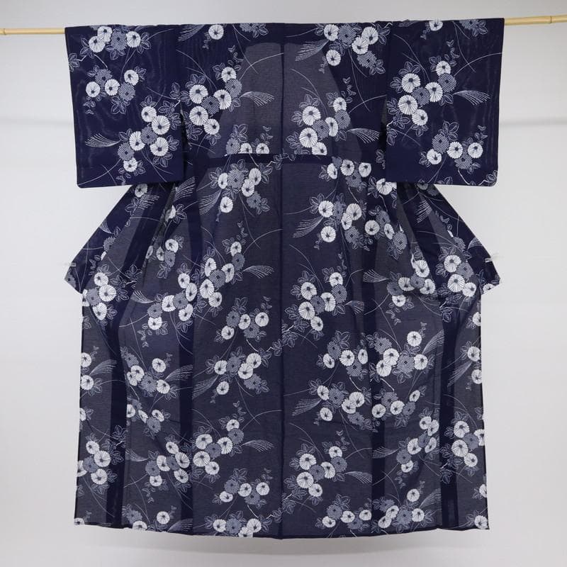 《たえ★長尺■綿絽◆夏着物■小紋■涼やか菊の花■濃紺◆US7-14》