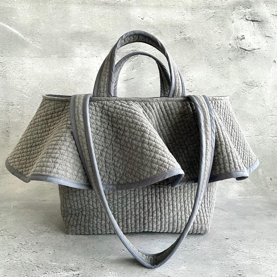 フリル付きヌビトートバッグ　2way ヌビバッグ　グレー　ハンドメイド