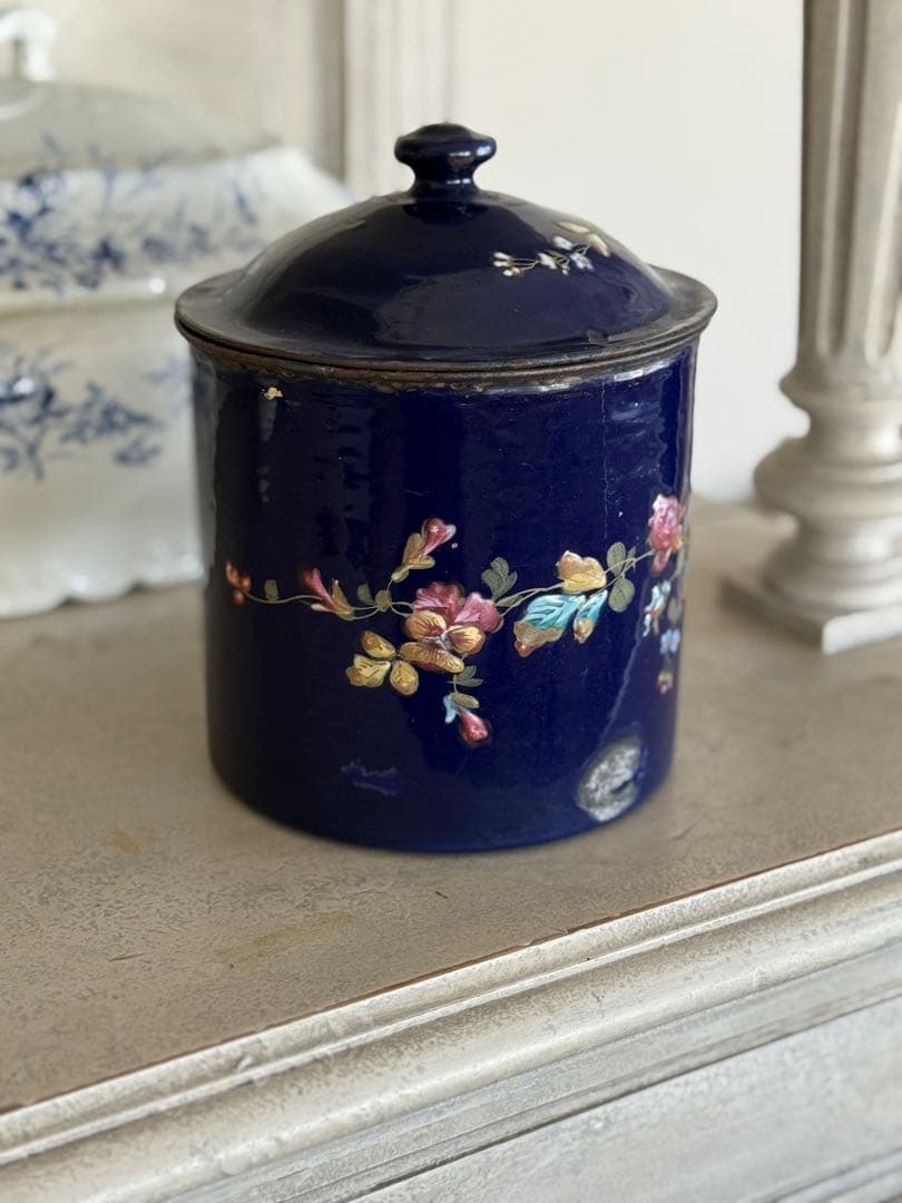 フランスアンティークレアなネイビーのお花柄cafeキャニスター蓋付き容器
