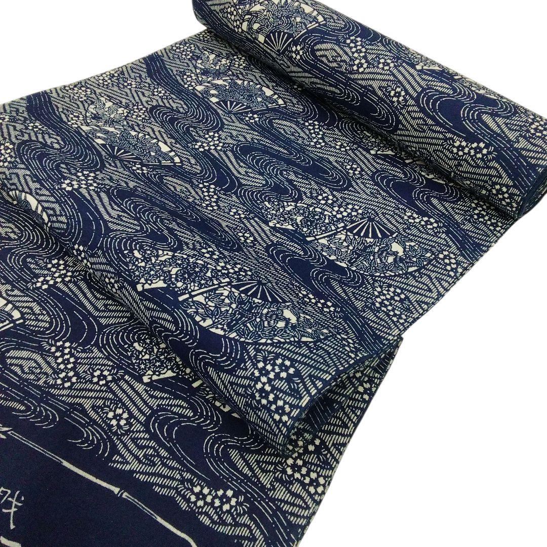 無形文化財　辨慶染正藍長　長板染　浴衣反物　綿　扇に鳥　流水　#387