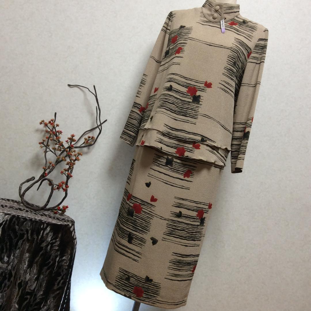 美品★詩仙堂ちりめん 3点セットアップ　ジャケット／ブラウス／スカート　ベージュ