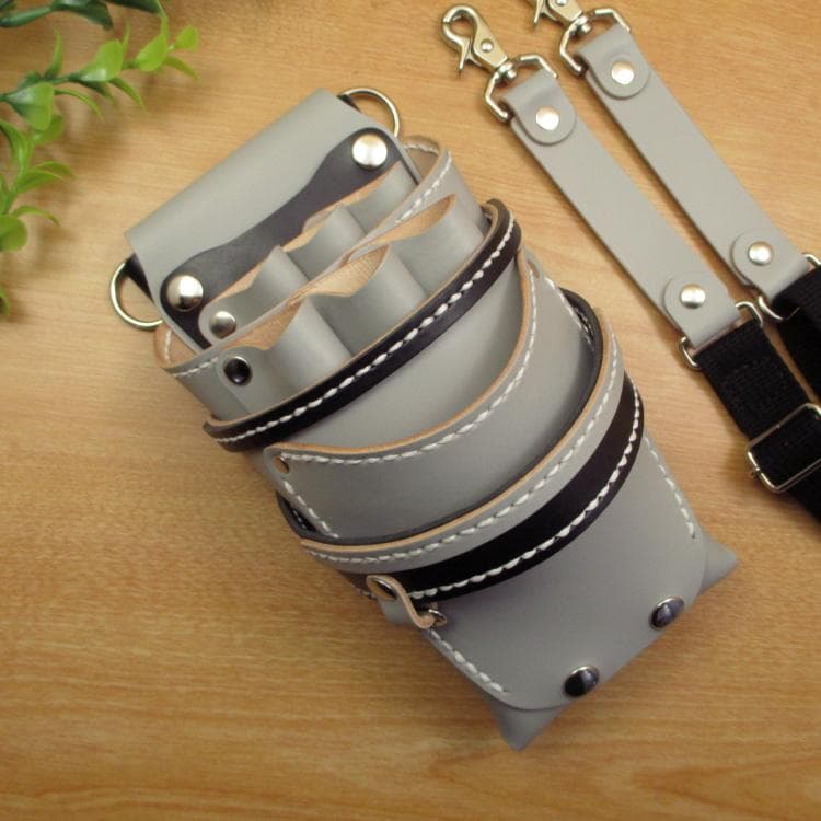 ライトグレー＆ブラック　６丁差し　本革シザーケース　SCA-223/CHA