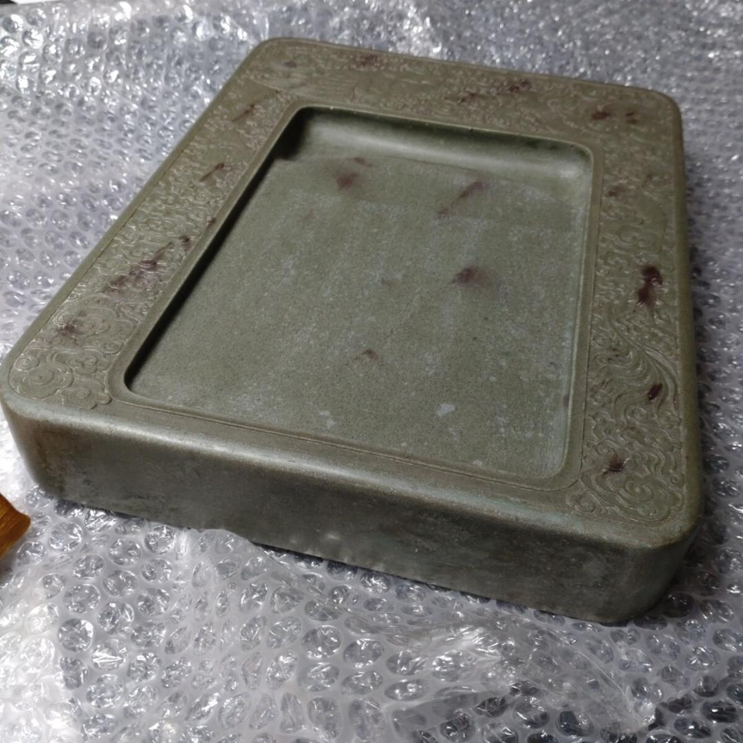 清代 上浣造 雲龍鳳凰彫刻 緑端渓硯 箱付 書道具