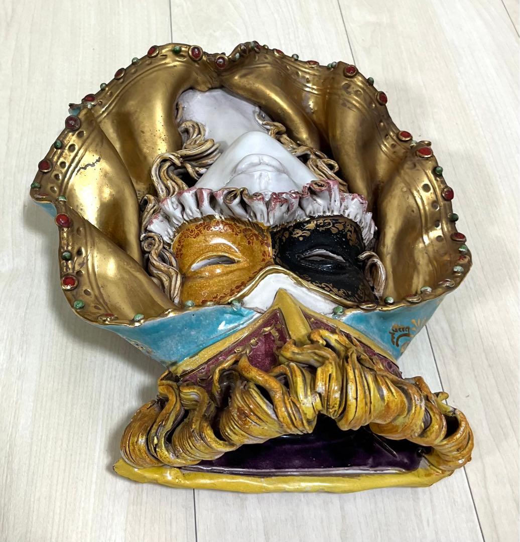 イタリア作家物☆ヴェネチアンマスクの貴婦人 仮面 陶器製壁掛オブジェ