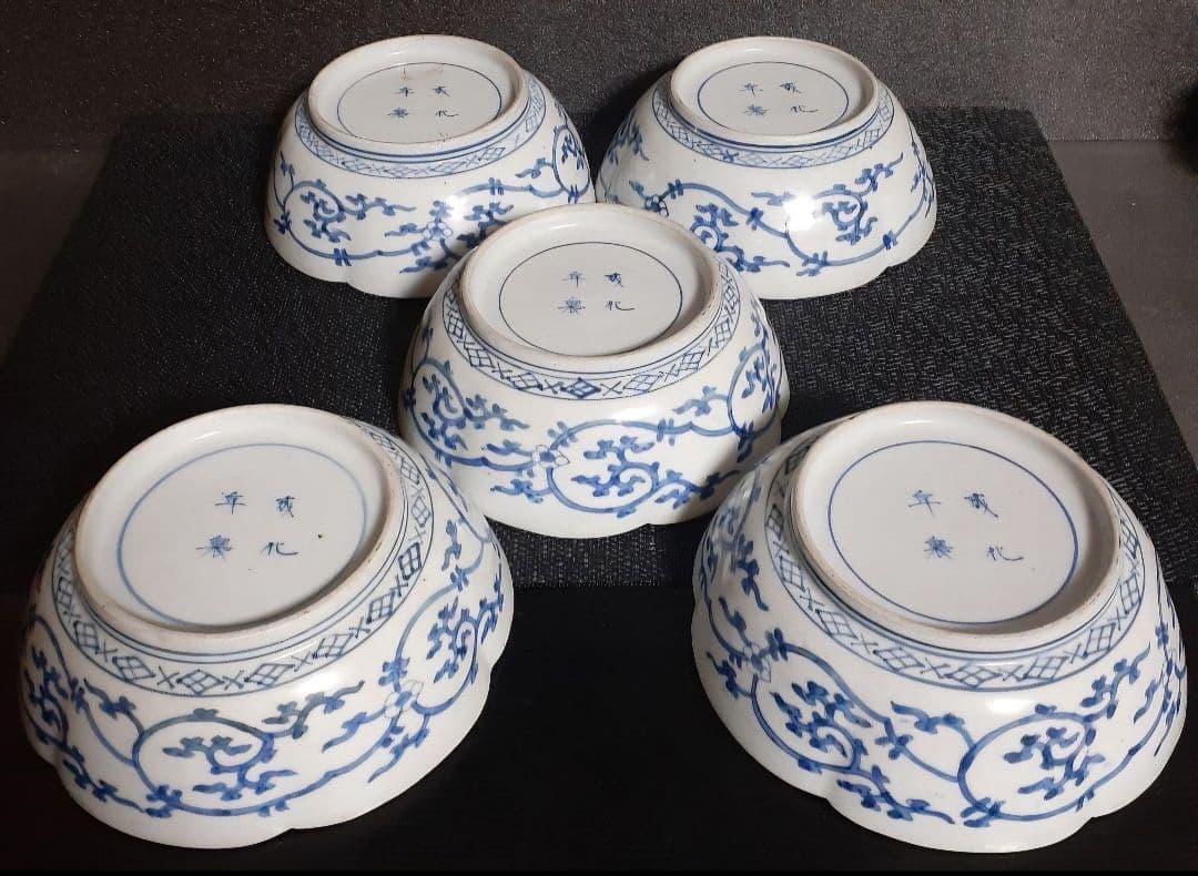 【最上作品❗️】江戸時代中期　元禄～享保　藍柿右衛門　染付　花の図　輪花皿　5客