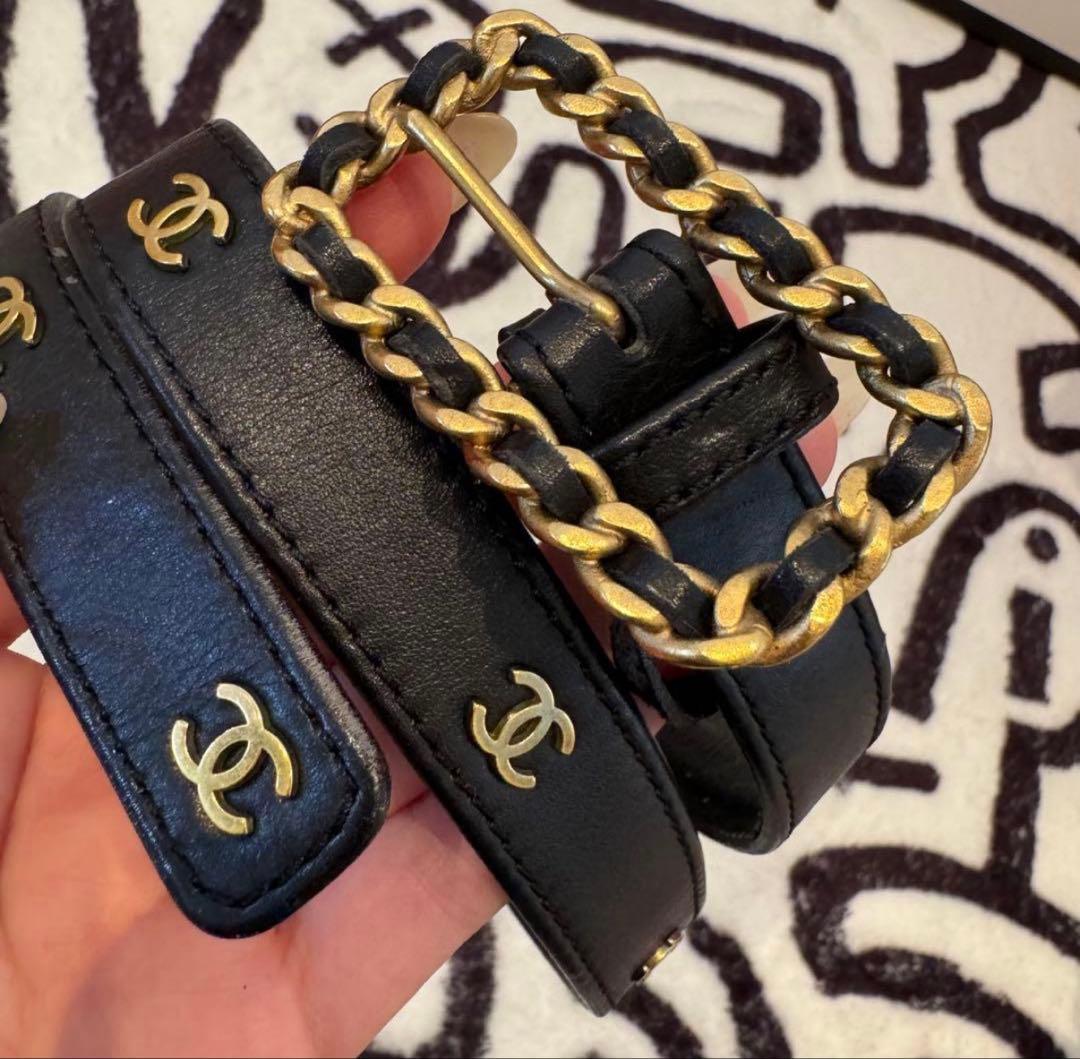 CHANEL 黒 レザー ベルト ゴールド金具