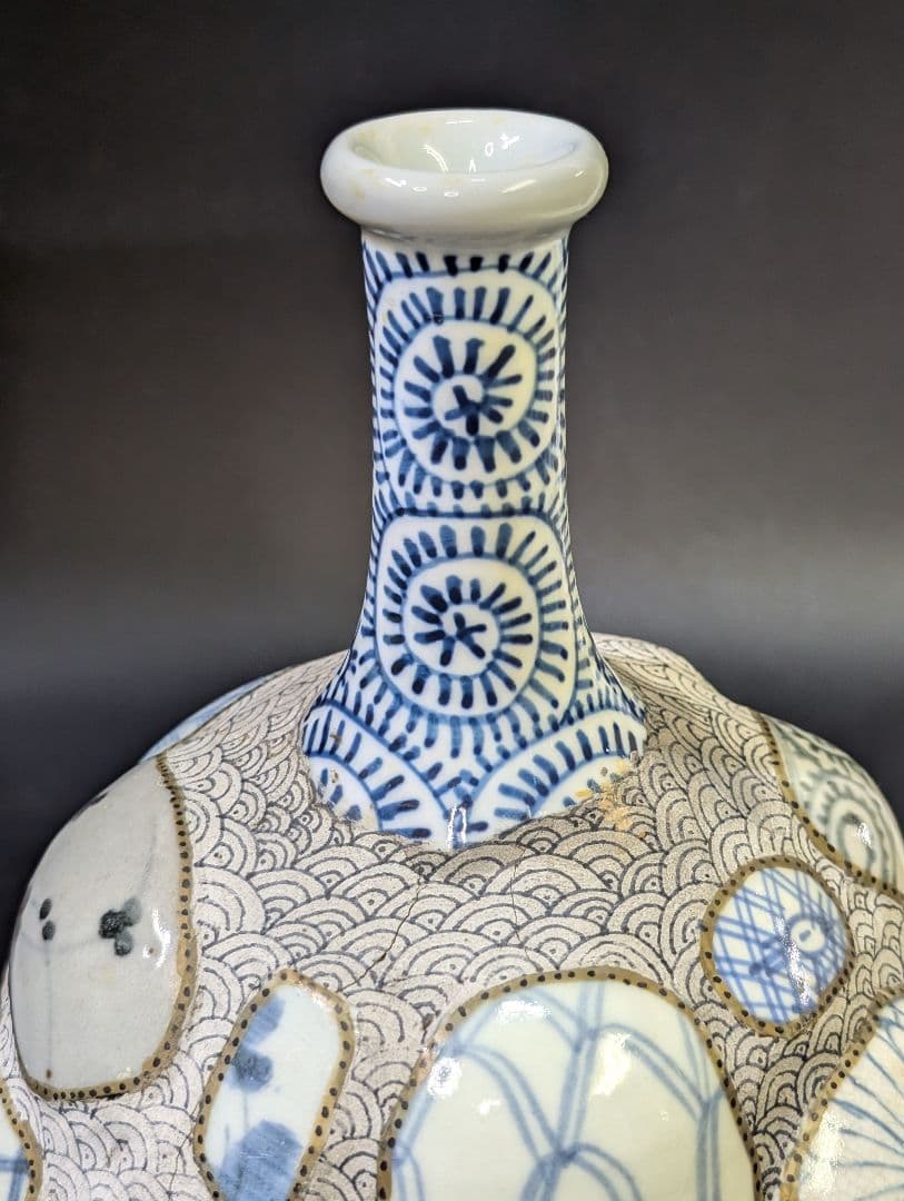 有田焼 古伊万里 古染付 陶片張 蛸唐草文 陶片 大徳利 酒器 花瓶 時代物骨董