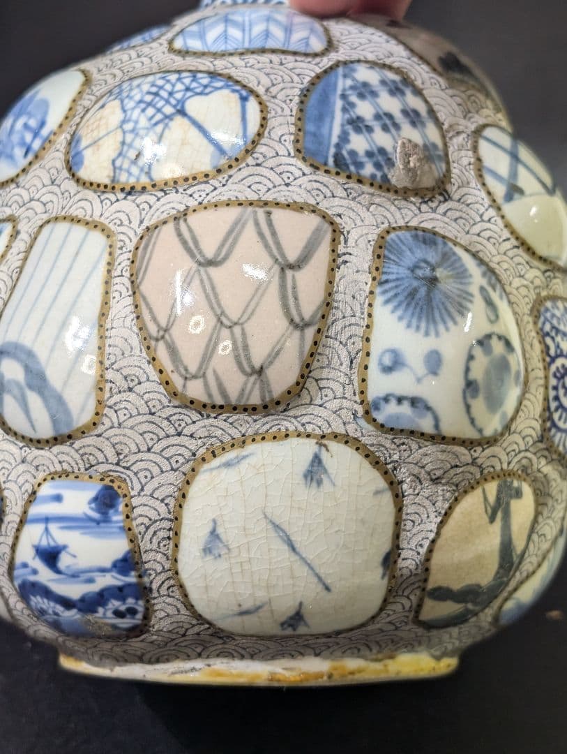 有田焼 古伊万里 古染付 陶片張 蛸唐草文 陶片 大徳利 酒器 花瓶 時代物骨董