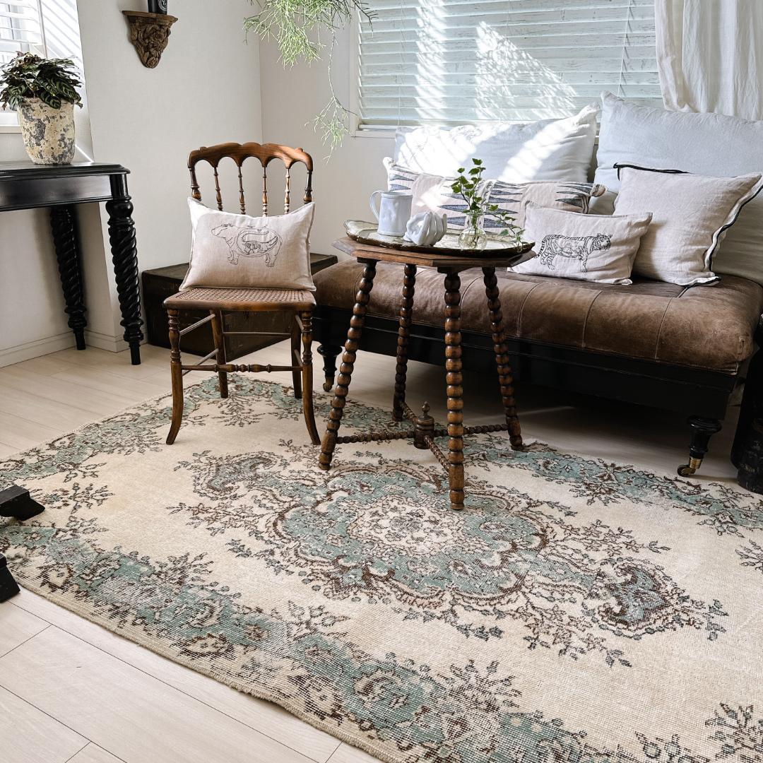 トルコ ヴィンテージラグ A121 定番 クリーム ターコイズブルー メダリオン