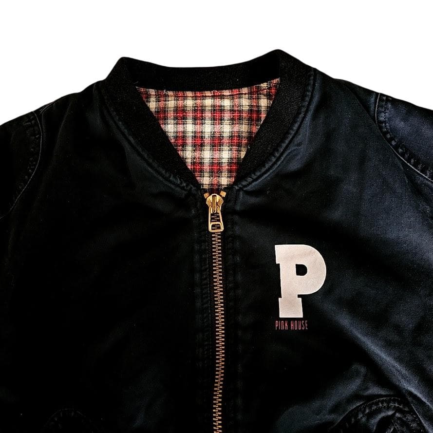 PINK HOUSE ロゴプリント 濃紺デニム ボンバージャケット 中綿入
