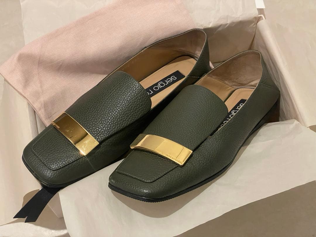 Sergio Rossi sr1オリーブグリーン レザー ローファー