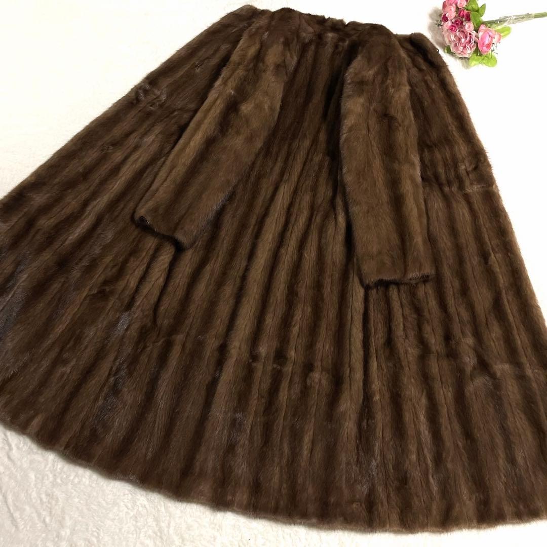 着丈113cm デミバフミンク ロング ファーコート 本毛皮 ブラウン M〜L