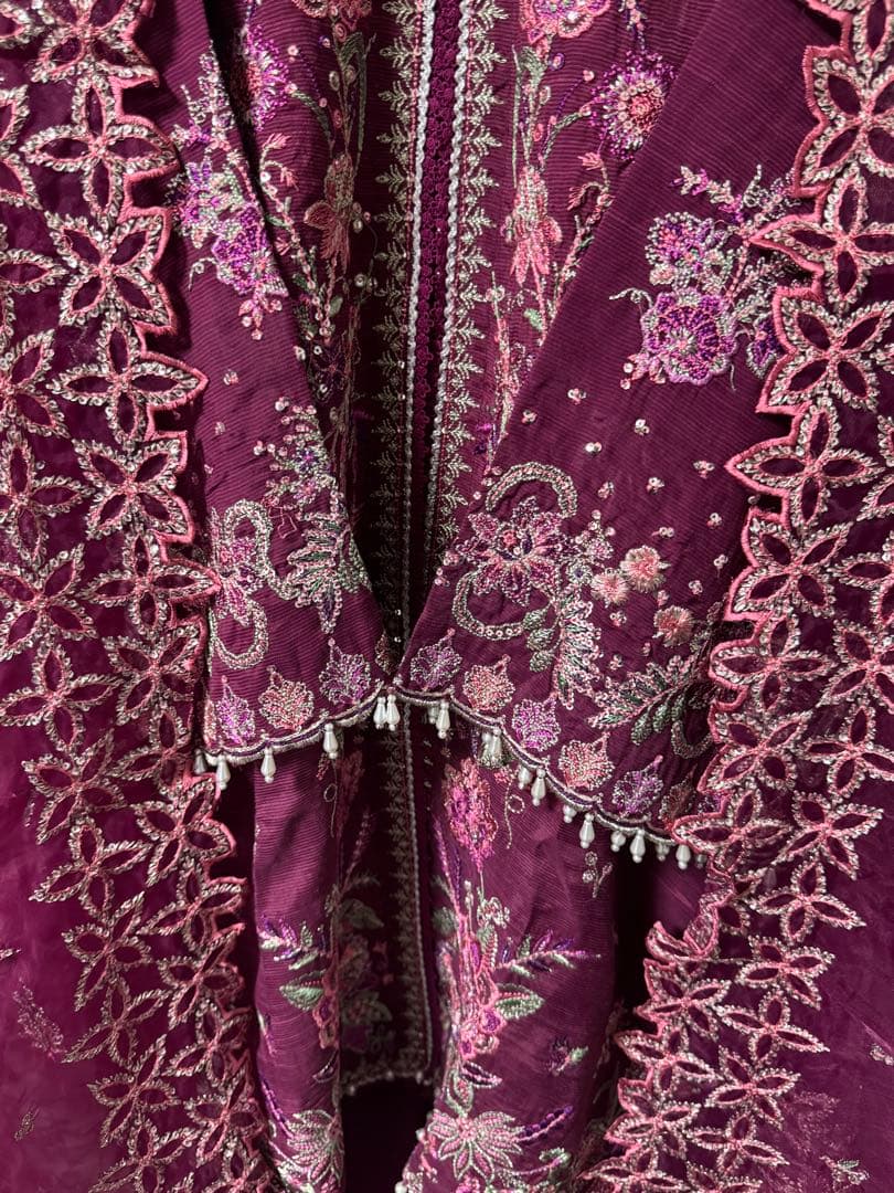 [B-23]プラムボルドー✨シルク刺繍クルタ×フレアチューリップパンツ3点セット