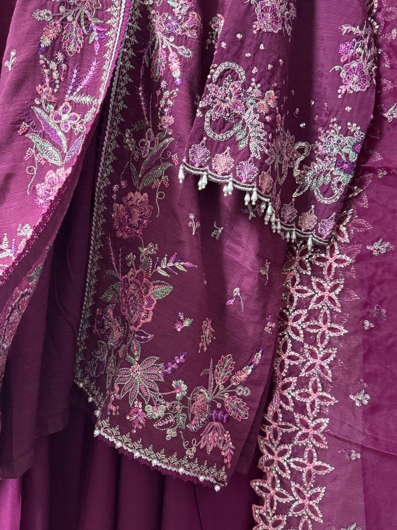 [B-23]プラムボルドー✨シルク刺繍クルタ×フレアチューリップパンツ3点セット