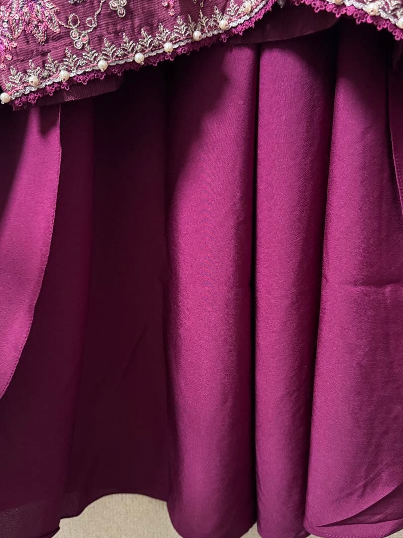 [B-23]プラムボルドー✨シルク刺繍クルタ×フレアチューリップパンツ3点セット