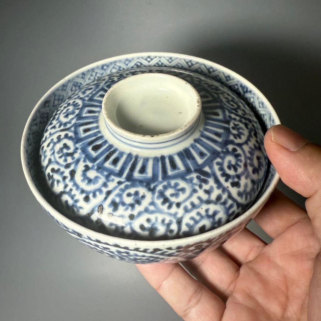 古伊万里　染付蛸唐草蓋物　五客　冨貴長春　松竹梅　古美術