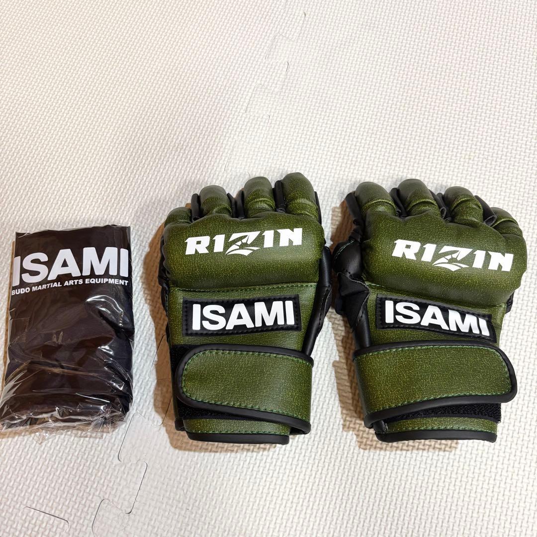 【未使用】RIZIN ISAMI グリーン オープンフィンガーグローブ Mサイズ