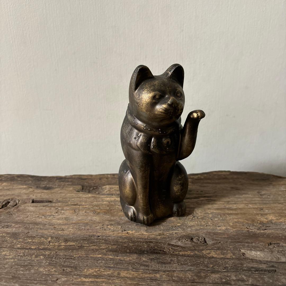アンティーク　金属製の招き猫　縁起物　古道具　骨董品　福助人形　眠り猫　検:李朝